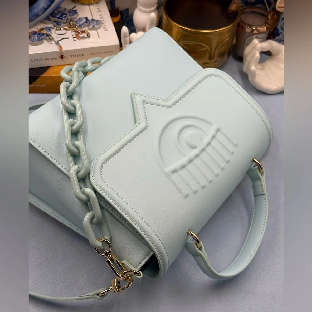 🆕 CHIARA FERRAGNI 🧿 NWOT Pale Blue Eyelike Tote Bag, Top Handle, Chain & Strap